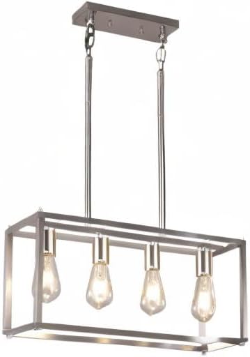 4-Light Dining Room Light Fixture Farmhouse Chandelier Brushed Nickel Modern Kitchen Island Pendant Lights Rectangular Hanging Lights Adjustable Height Metal E26 Base