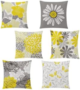 COMMINY Yellow Grey Pillow Covers 20x20 Set of 6, Daisy Flower Throw Pillow Cover Case Rustic Square Cushion Cover for Sofa Bedroom Living Room Farmhouse Home Decor