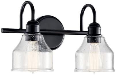 KICHLER Avery 15" Bathroom Vanity Industrial 2 Light Wall Fixture with Clear Seeded Glass in Black, for Bathroom (8.25" x 15" x 9.5") 45972BK