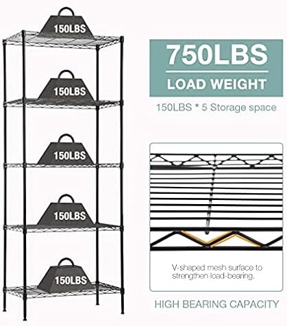 PayLessHere | 5-Tier Wire Shelf | 24"x14"x60" | Black | Adjustable Racks | Heavy-Duty Storage Shelves, Holds Upto 750 lbs | Rust-Resistant, No-Tool Assembly | for Home, Garage Shelving
