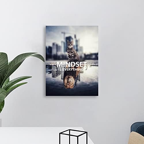 Inspirational Wall Art Cute Animal Cat Lion Poster Painting Mindset is Everything Inspiring Print Artwork Picture Wooden Living Room Office Home Decoration Picture Frame Ready to Hang[18" W x 24" H]