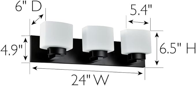 Design House Dove Creek Vanity Light, Dimmable, Frosted Glass, 3 Lights, Bathroom, Matte Black, 24 in x 6 in x 6.5 in, Item 588418