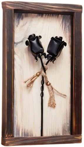 IK Style Set of 2 Forged Iron Roses Twisted Together Forever - Placed in Mountable Wooden Frame - Unique 3D