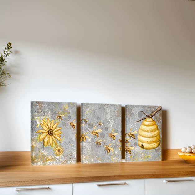 FuShvre Yellow and Grey Canvas Wall Art Honey Bee with Daisy Painting Prints Insect Pictures for Farmhouse Kitchen Decor Framed Ready to Hang 12"x16" Each (Small) (Small, Grey)