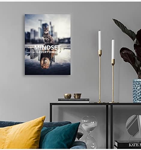 Inspirational Wall Art Cute Animal Cat Lion Poster Painting Mindset is Everything Inspiring Print Artwork Picture Wooden Living Room Office Home Decoration Picture Frame Ready to Hang[18" W x 24" H]
