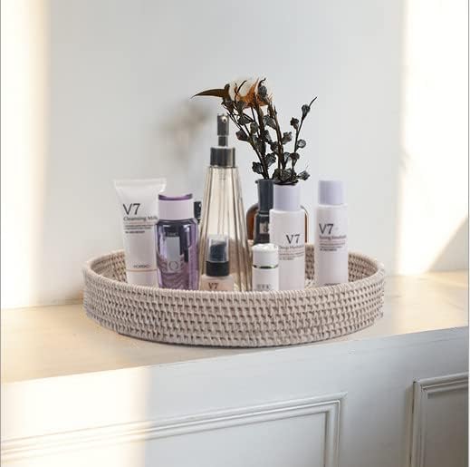 11.8 inch Round Rattan Tray, Decorative Coffee Table Trays, Ottoman Tray, Woven Serving Tray with Handles, Wicker Serving Basket, Whitewash