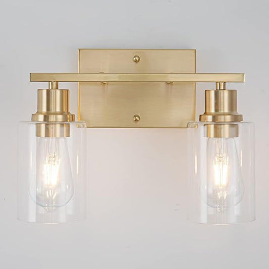 EMONG Gold Bathroom Light Fixtures, 2-Lights Brushed Brass Vanity Light with Clear Glass Shade, Modern Wall Sconces for Hallway, Farmhouse, Living Room