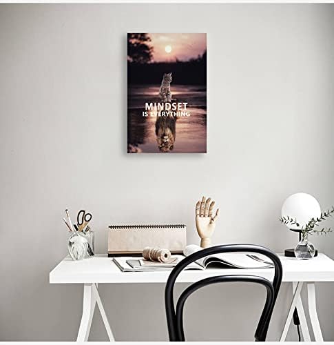 Inspirational Entrepreneur Canvas Print Wall Art Mindset is Everything Cute Kitten and Lion Inspirational Poster Print Artwork Bedroom Office Home Decoration Frame Ready to Hang[12''W X 18''H]