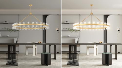 60 Inch Gold Wagon Wheel Chandelier with Crystal Shade, 60 Lights, Modern Farmhouse Style, Ideal for Dining Room, Kitchen, Entryways