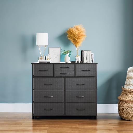 LUMTOK 10-Drawer Dresser, Fabric Storage Dressers for Bedroom, Hallway, Nursery, Closets, Steel Frame, Wood Top, Easy Pull Handle (Grey)