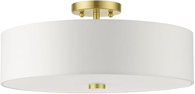 Livex Lighting 51055-12 Meridian Collection 4-Light Semi Flush Mount Ceiling Light with Off-White Hardback Fabric Shade, Satin Brass, 18 x 18 x 8.13
