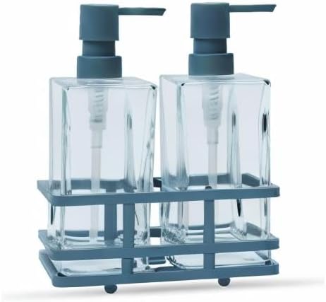 Square 3 Piece Glass Clear Lotion and Soap Pump Dispenser Set with Metal Stand Caddy for Bathroom Bath Kitchen Home Office Travel Hotel Hand Crafted Heavy Weight Spa Blue