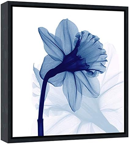 Pyradecor Black Framed Canvas Wall Art One Panel Blue Flickering Flower Modern Grace Floral Pictures Paintings for Bedroom Office Home Decorations