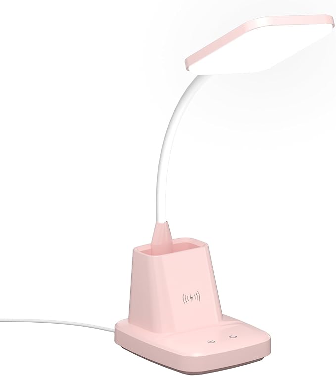 Sailstar Pink Desk Lamp, Small Desk Lamp with Pen Holder, Wireless Charger LED Desk Lamps for Home Office, Kids Desk Lamps 800LM Gooseneck 3 Modes Dimmable Touch, Study Lamps for College Dorm Room