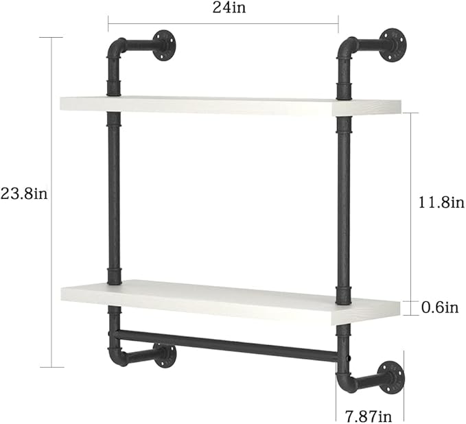 Helsin 24inch Industrial Pipe Shelving Bathroom Shelves Wall Mounted with Towel bar, 2 Tier Rustic Wood Floating Shelf, Metal Towel Rack Wall Shelf for Home & Bathroom (White, 24inch)