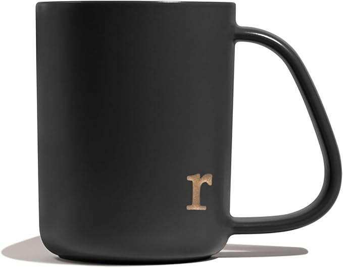 COLLECTIVE HOME - Ergonomic Handle Ceramic Mug, 15 oz Personalized Coffee Cup with Golden Initial, Microwave & Dishwasher Safe, Elegant Monogram Tea Mug in Gift Box for Home & Office (Black-r)