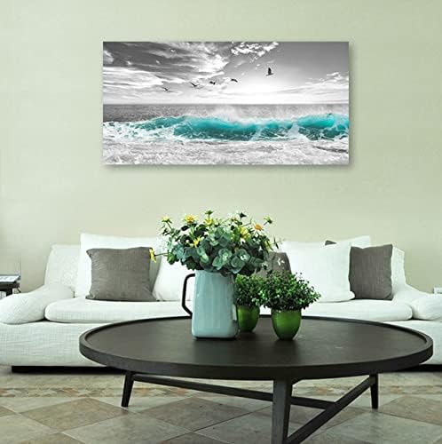 Large Ocean Canvas Wall Art for Living Room Wall Decor Teal Sea Wave Canvas Prints Artwork Seagull Birds Canvas Pictures for Bedroom Home Office Wall Decorations Ready to Hang 24" X 48"