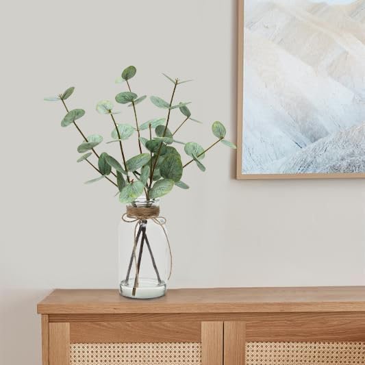 15" Artificial Eucalyptus Stems in Vase, Real Touch Small Fake Eucalyptus Plant for Table Bathroom Shelves Farmhouse Wedding Home Office Coffee Table Décor