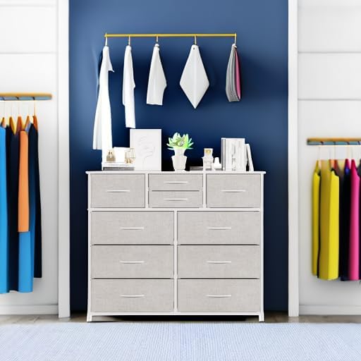 LUMTOK 10-Drawer Dresser, Fabric Dressers Drawers for Bedroom, Hallway, Nursery, Closets, Steel Frame, Wood Top, Easy Pull Handle (Light Grey)