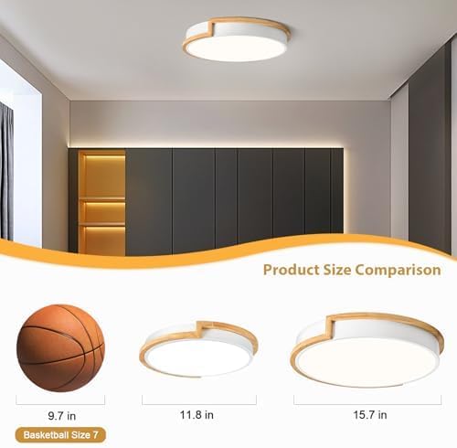 Dimmable Wood LED Flush Mount Ceiling Lights, 5CCT 2700K-6000K White Hallway Lighting Fixtures, Minimalist Round Ceiling Lamp for Bedroom Laundry Room Kitchen Entryway Bathroom 11.8in