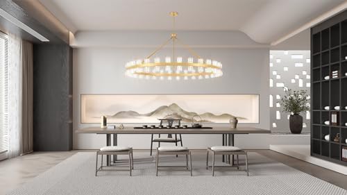 60 Inch Gold Wagon Wheel Chandelier with Crystal Shade, 60 Lights, Modern Farmhouse Style, Ideal for Dining Room, Kitchen, Entryways