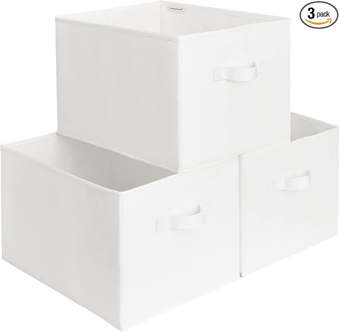 StorageWorks Storage Baskets for Shelves, Foldable Fabric Closet Storage Bins with Handles, Fabric Storage Bins Clothes Organizer, White, 3-Pack, Extra Large
