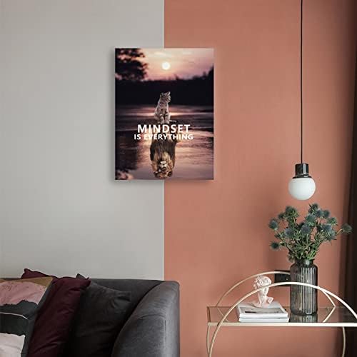Inspirational Wall Art Mindset is Everything Kitten Lion King Inspiring Painting Printing Artwork Entrepreneur Quote Poster Home Wooden Decoration Bedroom Room Frame Ready to Hang[18" W x 24" H]
