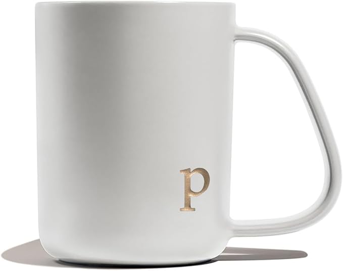 COLLECTIVE HOME - Ergonomic Handle Ceramic Mug, 15 oz Personalized Coffee Cup with Golden Initial, Microwave & Dishwasher Safe, Elegant Monogram Tea Mug in Gift Box for Home & Office (White-p)