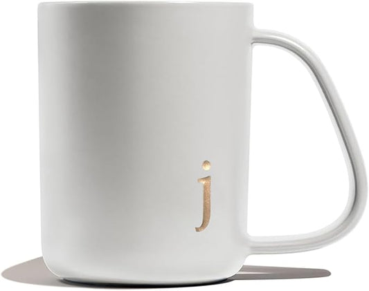 COLLECTIVE HOME - Ergonomic Handle Ceramic Mug, 15 oz Personalized Coffee Cup with Golden Initial, Microwave & Dishwasher Safe, Elegant Monogram Tea Mug in Gift Box for Home & Office (White-j)