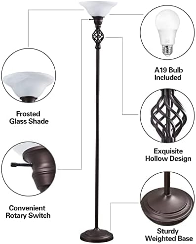 Torchiere Floor Lamp for Living Room, LED Standing Reading Light for Bedroom with Glass Shade for Living Room Corner Bedroom Home Office,Bulbs Included (Red Brown,Glass 1 Head)