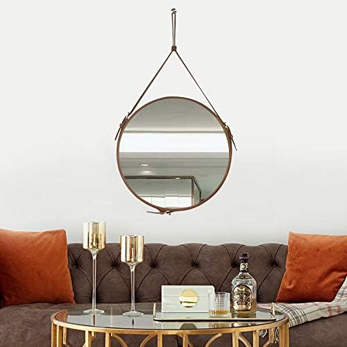 HofferRuffer Round Wall Mirror Decorative Mirror, Hanging Mirror with Hanging Strap Silver Hardware Hooker/Hanger (Brown, 20'')