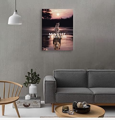 Cute Animal Posters Cat and Big Lion Mindset is Everything Inspiring Canvas Painting Wall Art Print Artwork Holiday Gift Home Decoration Office Frame Bedroom Ready to Hang[30″W X 40″H]