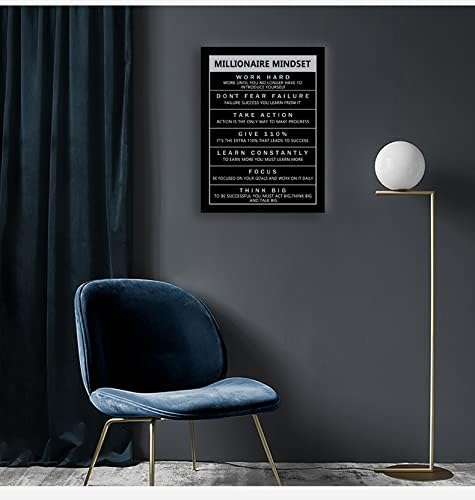 Motivational Canvas Wall Art Millionaire Mindset Inspiring Entrepreneur Proverb Inspirational Painting Poster Office Decoration Printed Artwork Frame Ready to Hang[18" W x 24" H]