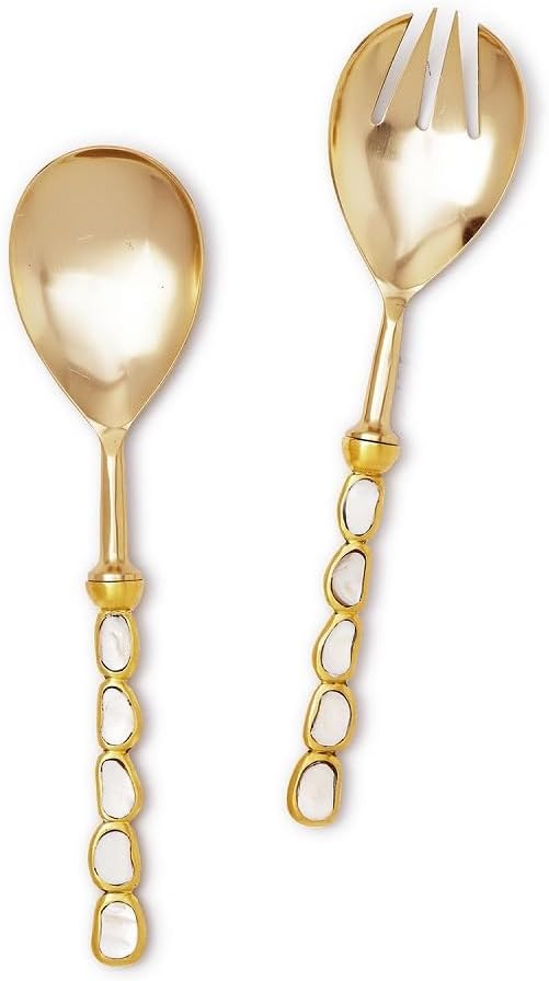 Two's Company Keshi Mother of Pearl Server Set, 11-inches Height, Stainless Steel, Gold, Set of 2, Gift Box, Home Décor