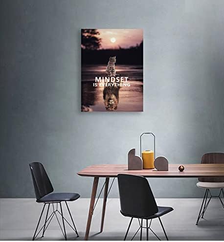 Cute Animal Posters Cat and Big Lion Mindset is Everything Inspiring Canvas Painting Wall Art Print Artwork Holiday Gift Home Decoration Office Frame Bedroom Ready to Hang[30″W X 40″H]