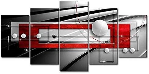 AWLXPHY Decor Abstract Wall Art Large Red and Black White Framed Geometric Canvas Painting for Living Room Decor 5 Panels Modern Simple Circle Line HD Print Artworks Giclee (W80 x H40)
