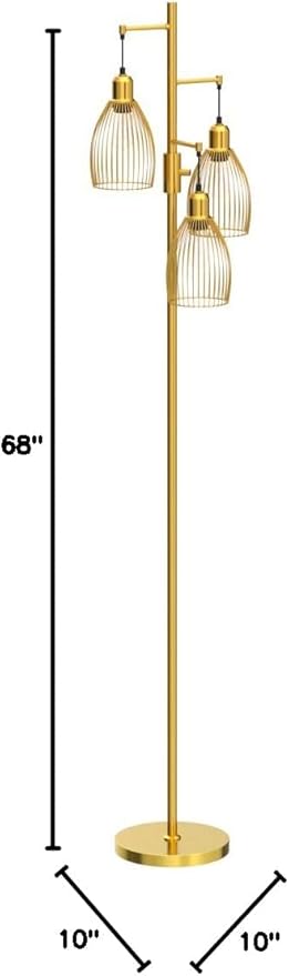 Dimmable Industrial Floor Lamps for Living Room, Gold Tree Standing Tall Lamps with 3 Elegant Teardrop Cage Head & 800 Lumens LED Bulbs for Bedroom Office