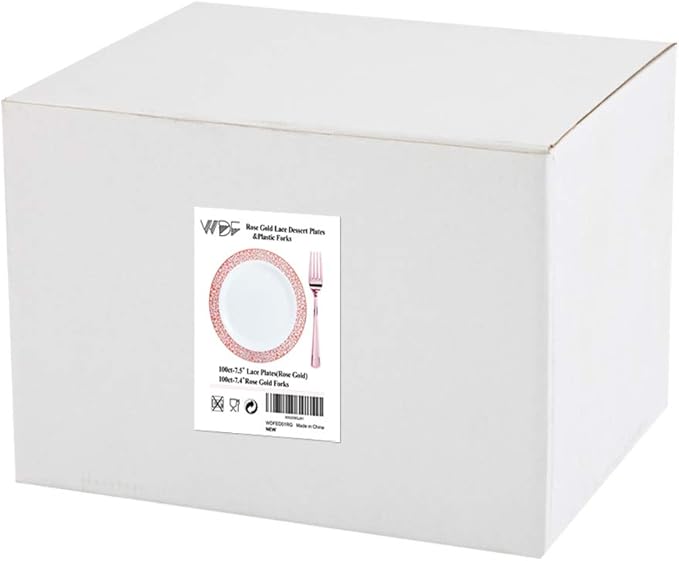 WDF 200 Pieces Rose Gold Dessert Plates with Forks, 100Pcs Lace Design Cake Small Rose Gold Appetizer Plates 7.5" and 100 Pcs Forks 7.4" for Wedding/Party