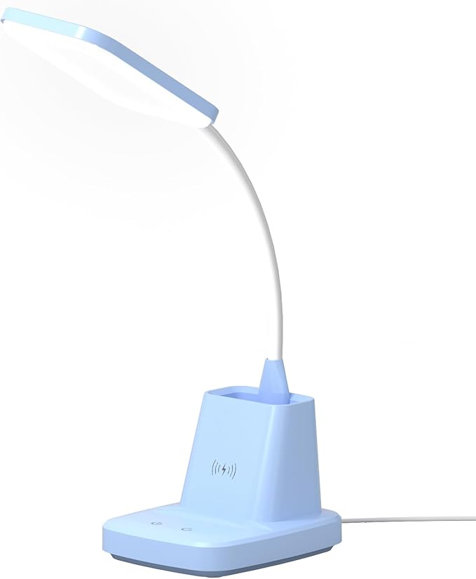 Sailstar Small Desk Lamp, Blue Desk Lamp with Pen Holder, Wireless Charger LED Desk Lamps for Home Office, 800LM Gooseneck 3 Modes Dimmable Touch Cute Desk Lamps, Study Lamps for College Dorm Room