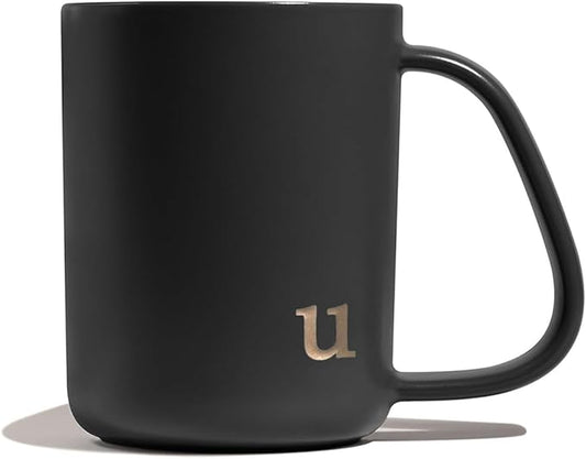 COLLECTIVE HOME - Ergonomic Handle Ceramic Mug, 15 oz Personalized Coffee Cup with Golden Initial, Microwave & Dishwasher Safe, Elegant Monogram Tea Mug in Gift Box for Home & Office (Black-u)