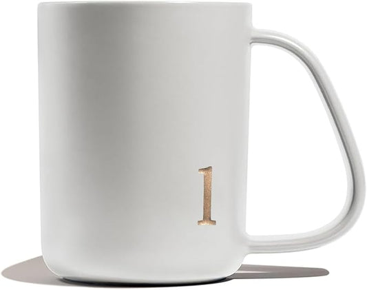 COLLECTIVE HOME - Ergonomic Handle Ceramic Mug, 15 oz Personalized Coffee Cup with Golden Initial, Microwave & Dishwasher Safe, Elegant Monogram Tea Mug in Gift Box for Home & Office (White-l)