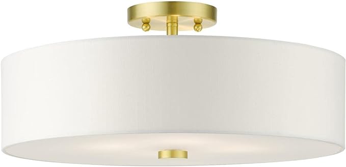 Livex Lighting 51055-12 Meridian Collection 4-Light Semi Flush Mount Ceiling Light with Off-White Hardback Fabric Shade, Satin Brass, 18 x 18 x 8.13