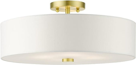 Livex Lighting 51055-12 Meridian Collection 4-Light Semi Flush Mount Ceiling Light with Off-White Hardback Fabric Shade, Satin Brass, 18 x 18 x 8.13