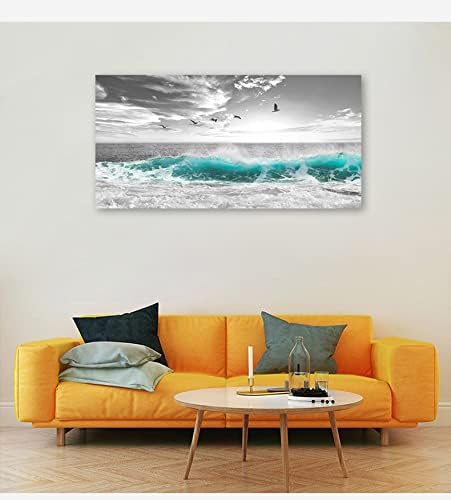Large Ocean Canvas Wall Art for Living Room Wall Decor Teal Sea Wave Canvas Prints Artwork Seagull Birds Canvas Pictures for Bedroom Home Office Wall Decorations Ready to Hang 20" X 40"