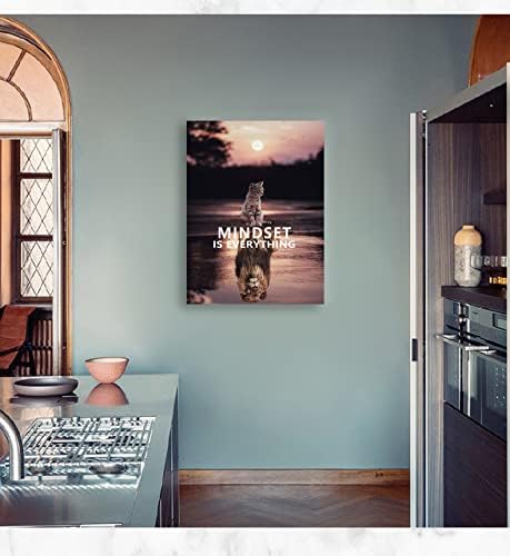 Cute Animal Posters Cat and Big Lion Mindset is Everything Inspiring Canvas Painting Wall Art Print Artwork Holiday Gift Home Decoration Office Frame Bedroom Ready to Hang[30″W X 40″H]