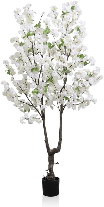Artificial White Cherry Blossom Tree 6ft(72in) Faux Floor Green Plant for Indoor Decor Natural Potted Tree Realistic Cherry Flowers Wood Trunk for Home Living Room,Office Perfect Weeding Gift
