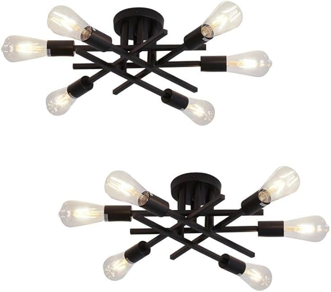 ASGYISA 6-Lights Semi Flush Mount Ceiling Light Fixture 2-Pack Black Vintage Matte Sputnik Chandelier Ceiling Lamp for Farmhouse Dining Room Living Room Bedroom Kitchen Entryway