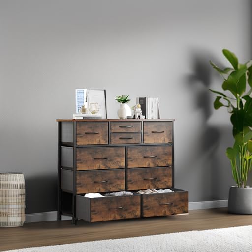 LUMTOK 10-Drawer Dresser, Fabric Storage Dressers for Bedroom, Hallway, Nursery, Closets, Steel Frame, Wood Top, Easy Pull Handle (Rustic Brown)