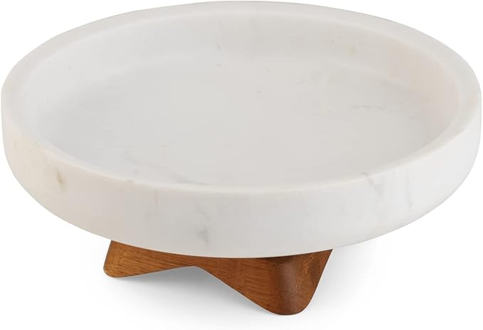 nambe Chevron Fruit Bowl – White Marble and Acacia Wood Decorative Footed Bowl - Kitchen Counter Table Display Centerpiece Bread Vegetable Holder on Pedestal- 10.5”