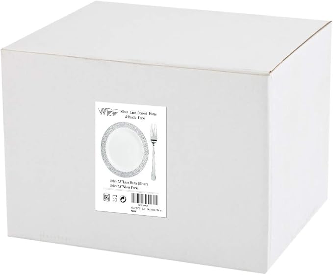 WDF 100pcs Silver Plastic Dessert Plates 7.5" with 100 Pieces Disposable Forks 7.4", Silver Plates Appetizer Plates Small Plates, Fancy Salad Plates and Cake Plates for Party/Wedding